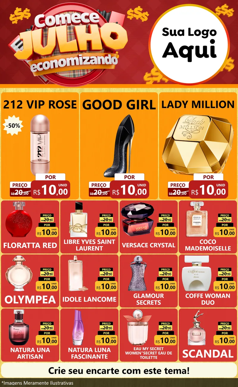 Modelo de Encarte para Encarte Grande com o tema Comece Julho Economizando para Perfumes