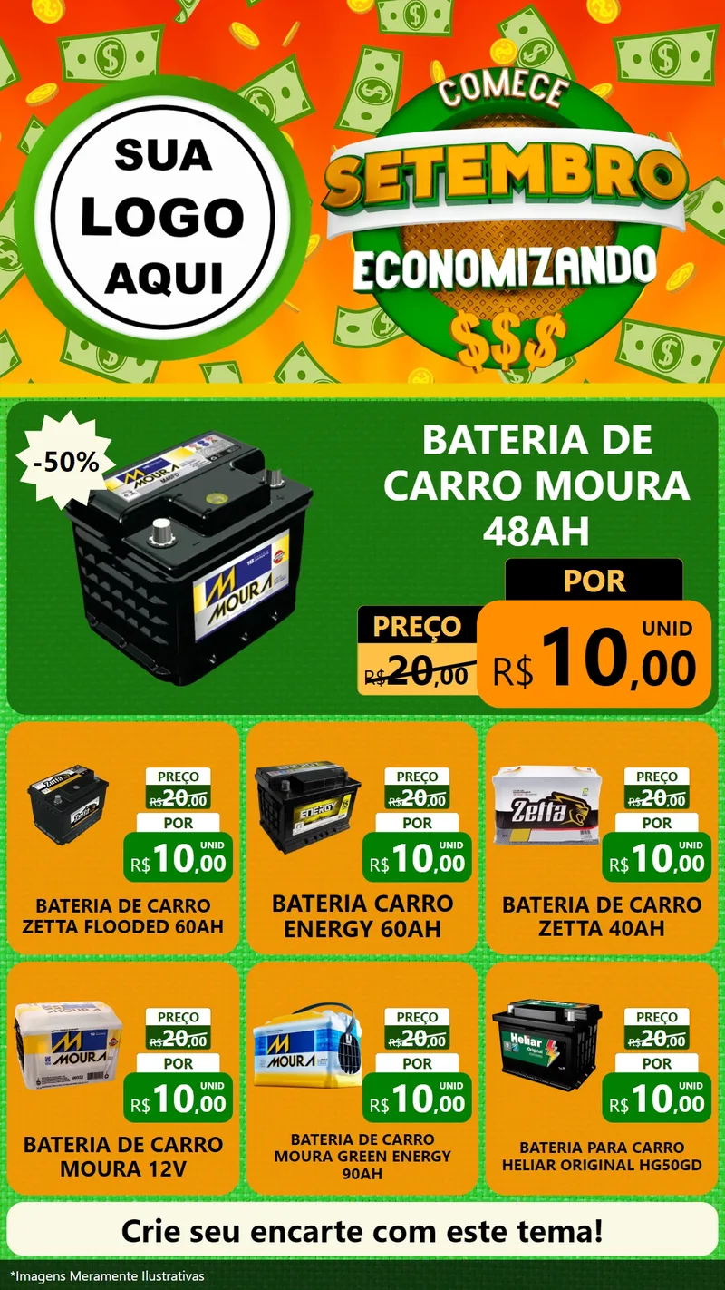 Modelo de Rede Social para Stories com o tema Comece Setembro Economizando para Baterias Elétricas