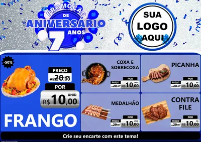 Modelo de Encarte para Encarte A4 Horizontal com o tema Promoção de Aniversário - 7 Anos para Assados
