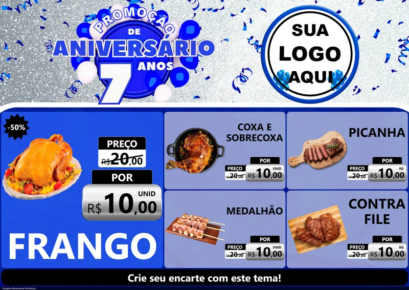 Modelo de Encarte para Encarte A4 Horizontal com o tema Promoção de Aniversário - 7 Anos para Assados