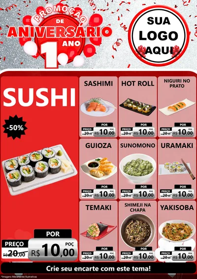 Modelo de Encarte para Encarte A4 Vertical com o tema Promoção de Aniversário - 1 Ano para Comida japonesa