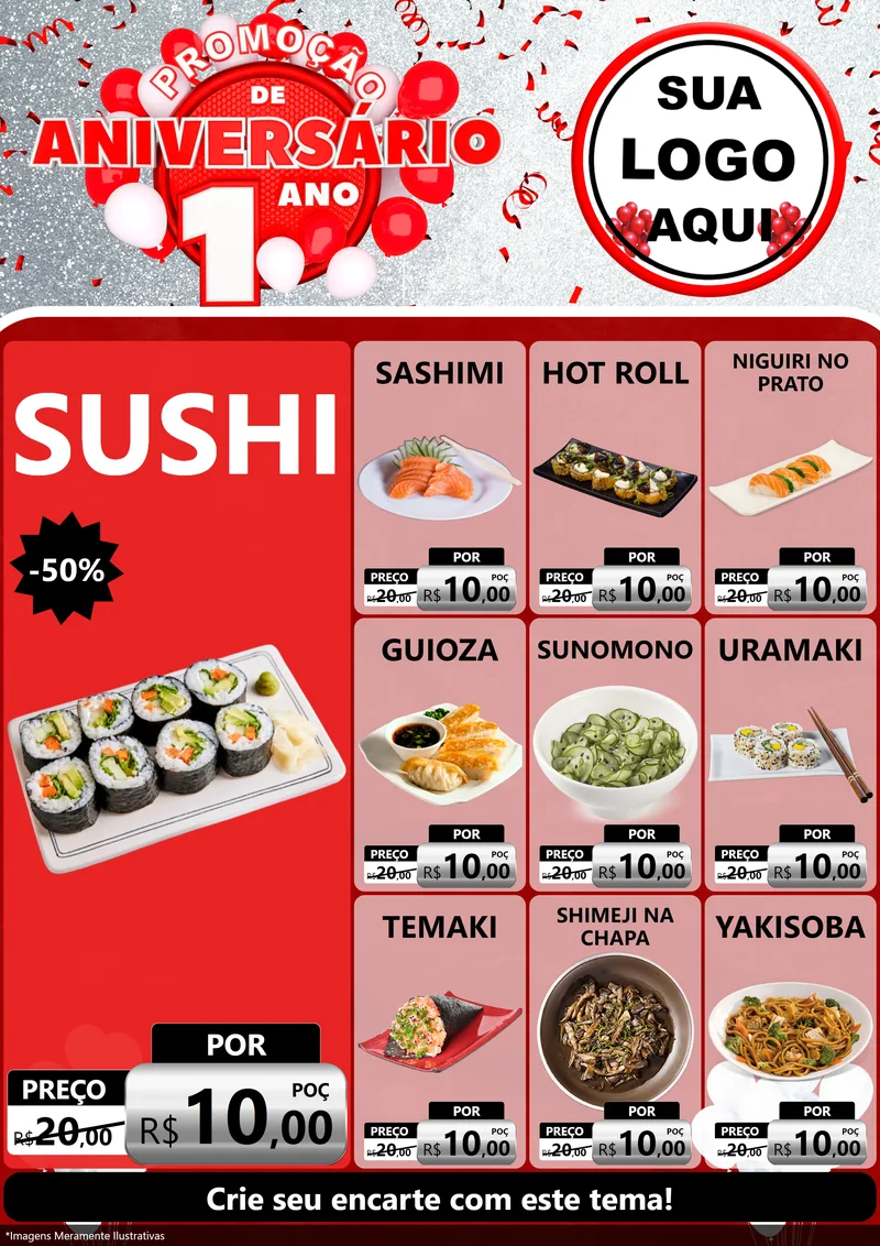 Modelo de Encarte para Encarte A4 Vertical com o tema Promoção de Aniversário - 1 Ano para Comida japonesa