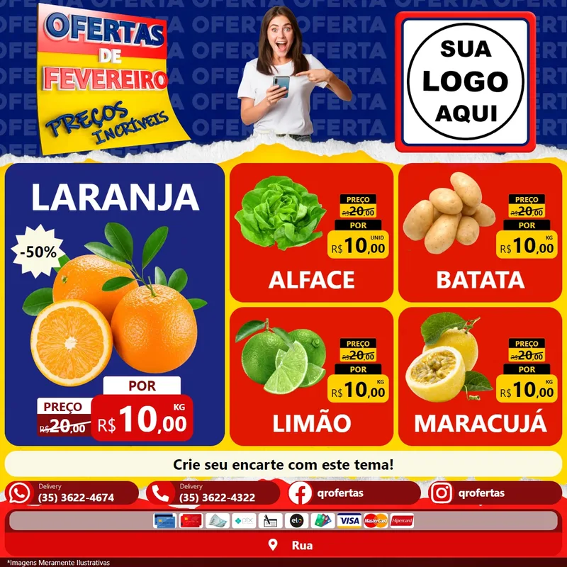 Modelo de Rede Social para Feed Facebook com o tema Ofertas de Fevereiro - Preços Incríveis para Hortifrúti