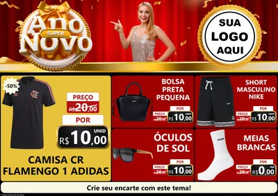 Modelo de Encarte para Encarte A4 Horizontal com o tema Super Ano Novo para Roupas e acessórios