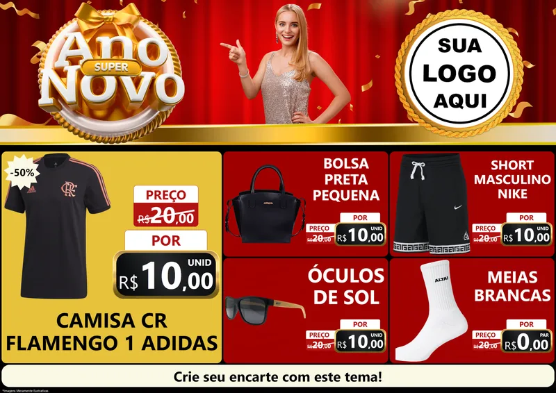 Modelo de Encarte para Encarte A4 Horizontal com o tema Super Ano Novo para Roupas e acessórios