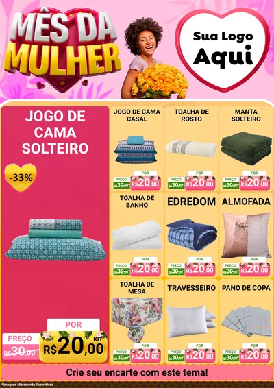 Modelo de Encarte para Encarte A4 Vertical com o tema Mês da Mulher para Cama, Mesa e Banho