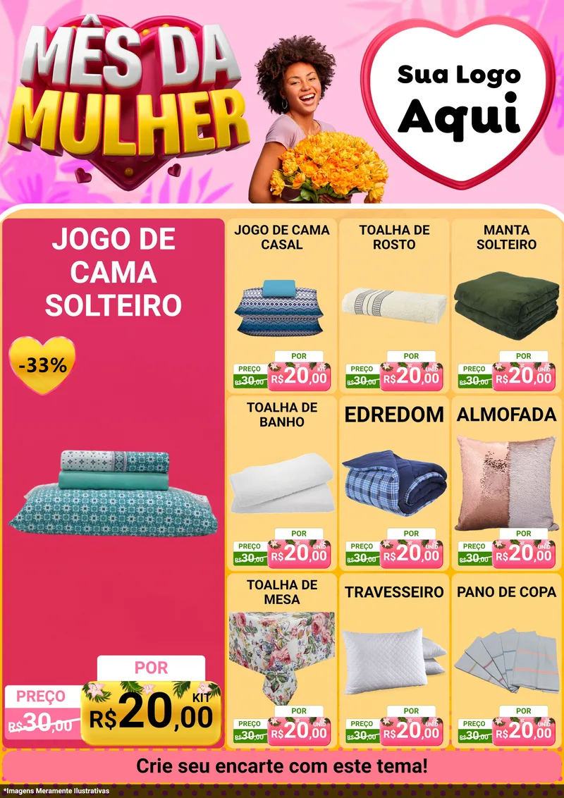 Modelo de Encarte para Encarte A4 Vertical com o tema Mês da Mulher para Cama, Mesa e Banho
