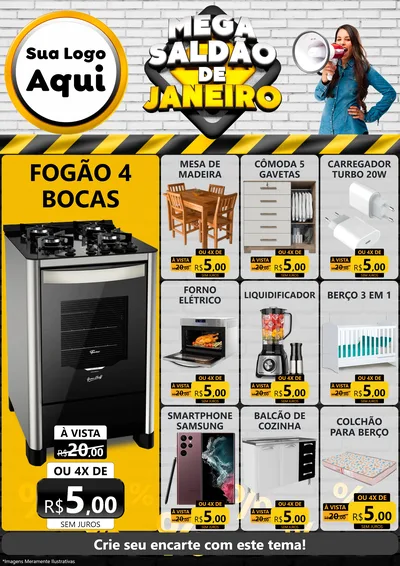 Modelo de Encarte para Encarte A4 Vertical com o tema Mega Saldão de Janeiro para Móveis e Eletro