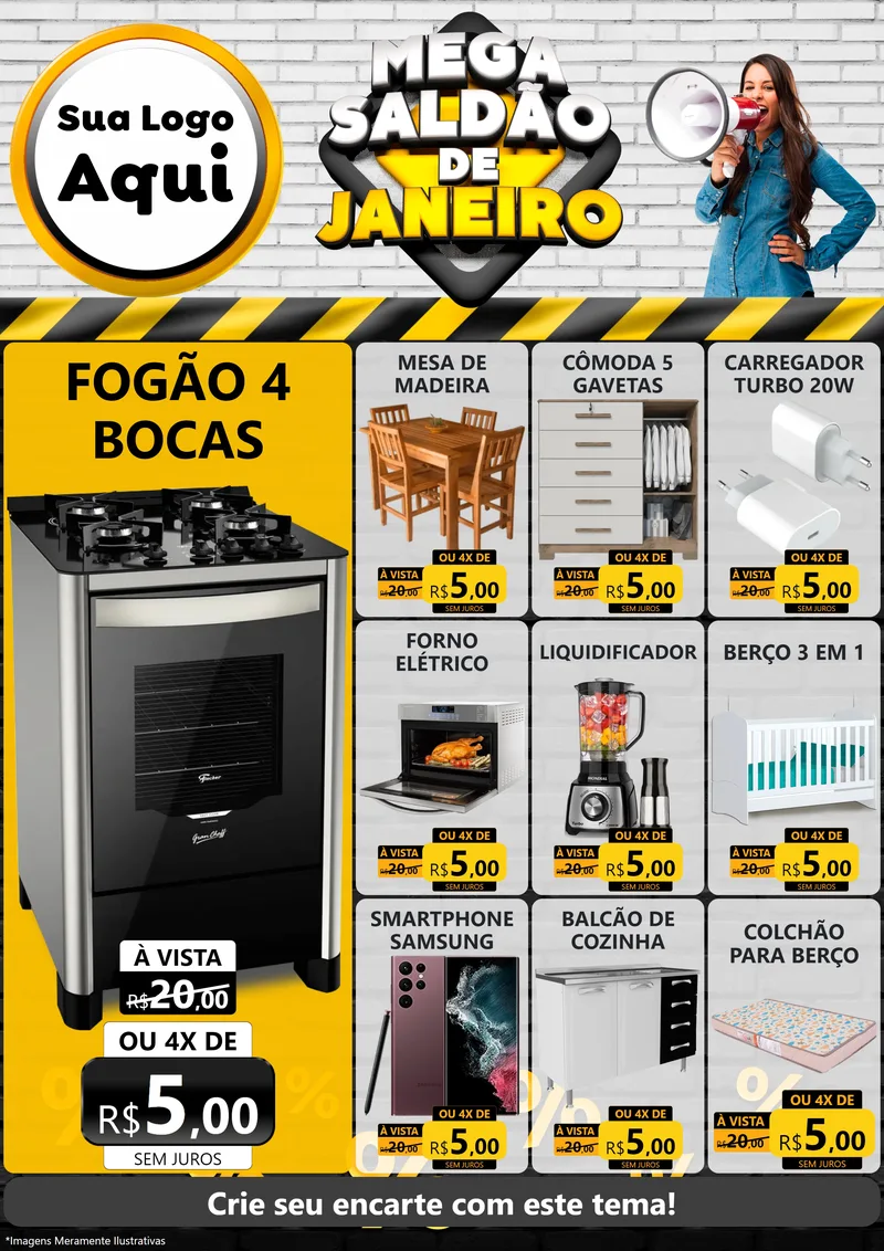 Modelo de Encarte para Encarte A4 Vertical com o tema Mega Saldão de Janeiro para Móveis e Eletro