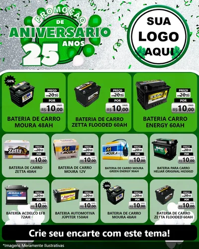 Modelo de Rede Social para Feed Instagram com o tema Promoção de Aniversário - 25 Anos para Baterias Elétricas