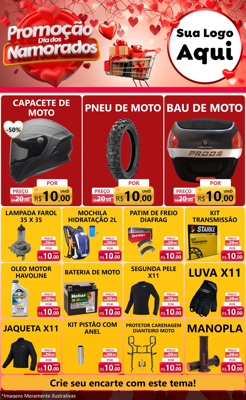 Modelo de Encarte para Encarte Grande com o tema Promoção Dia dos Namorados para Moto peças