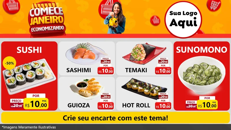 Modelo de TV para TV Horizontal com o tema Comece Janeiro Economizando para Comida japonesa
