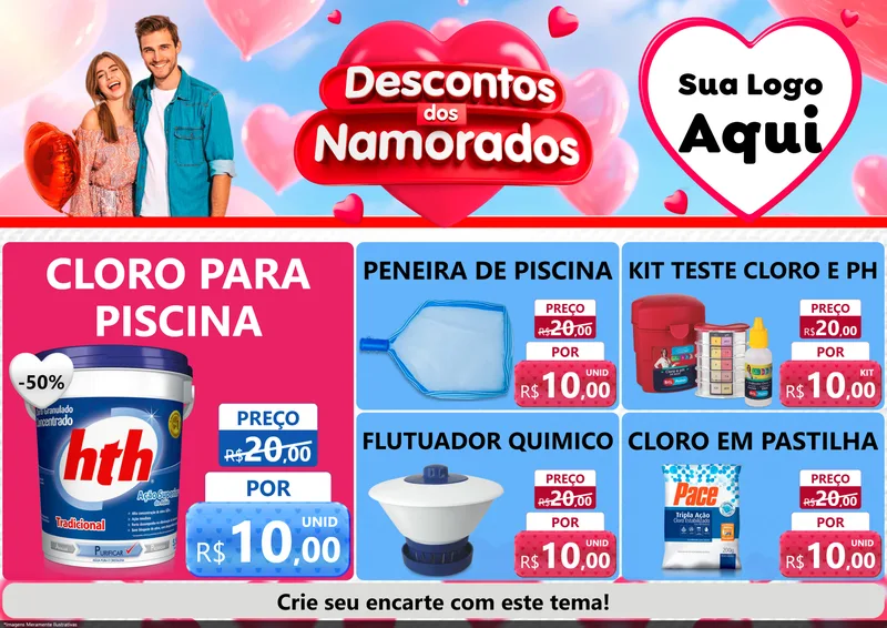 Modelo de Encarte para Encarte A4 Horizontal com o tema Descontos dos Namorados para Produtos para Piscina