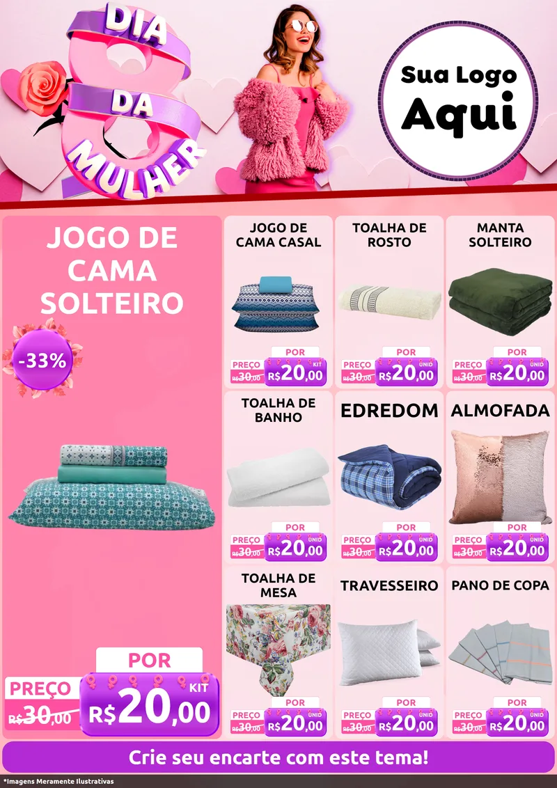 Modelo de Encarte para Encarte A4 Vertical com o tema Dia da Mulher para Cama, Mesa e Banho