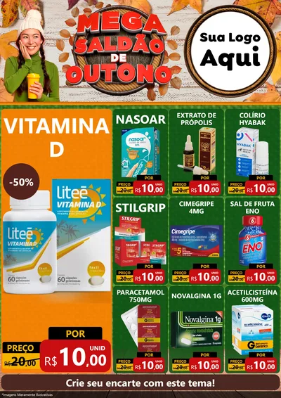 Modelo de Encarte para Encarte A4 Vertical com o tema Mega Saldão de Outono para Farmácia