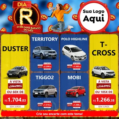 Modelo de Rede Social para Feed Facebook com o tema Dia R - O Dia Mais Barato Do Mês para Concessionaria de Carros