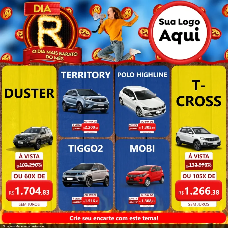 Modelo de Rede Social para Feed Facebook com o tema Dia R - O Dia Mais Barato Do Mês para Concessionaria de Carros