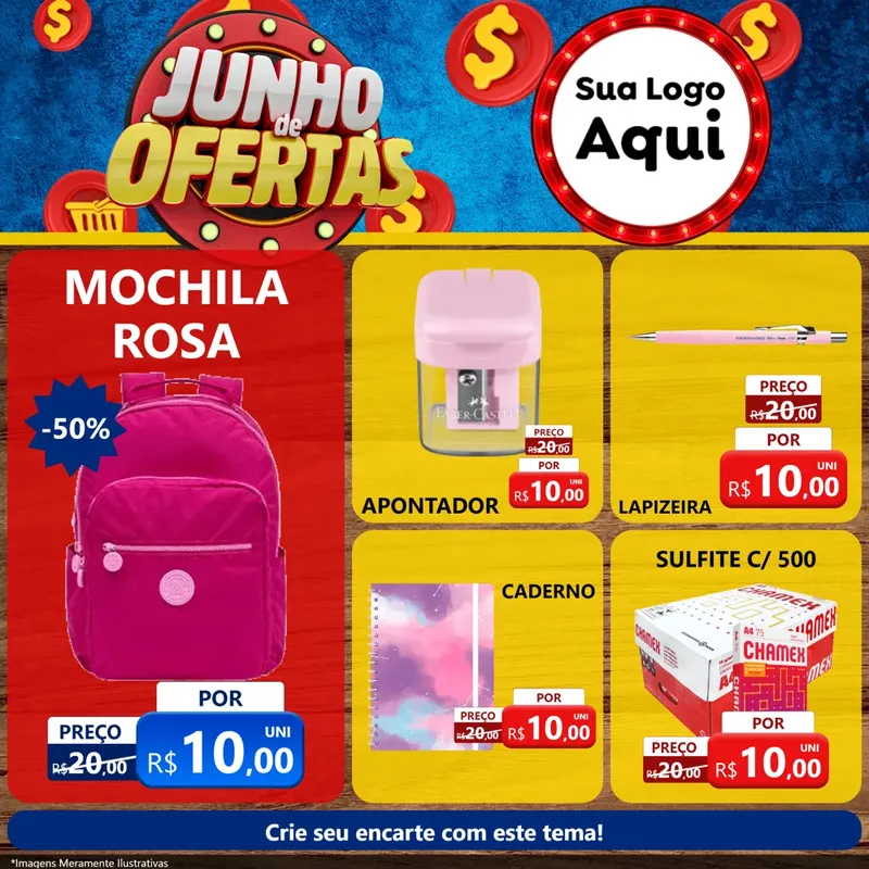 Modelo de Rede Social para Feed Facebook com o tema Junho de Ofertas para Papelaria