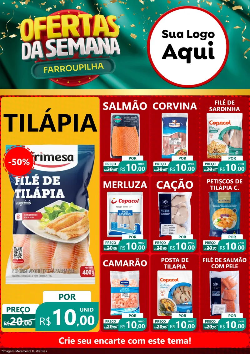 Modelo de Encarte para Encarte A4 Vertical com o tema Ofertas da Semana Farroupilha para Peixaria