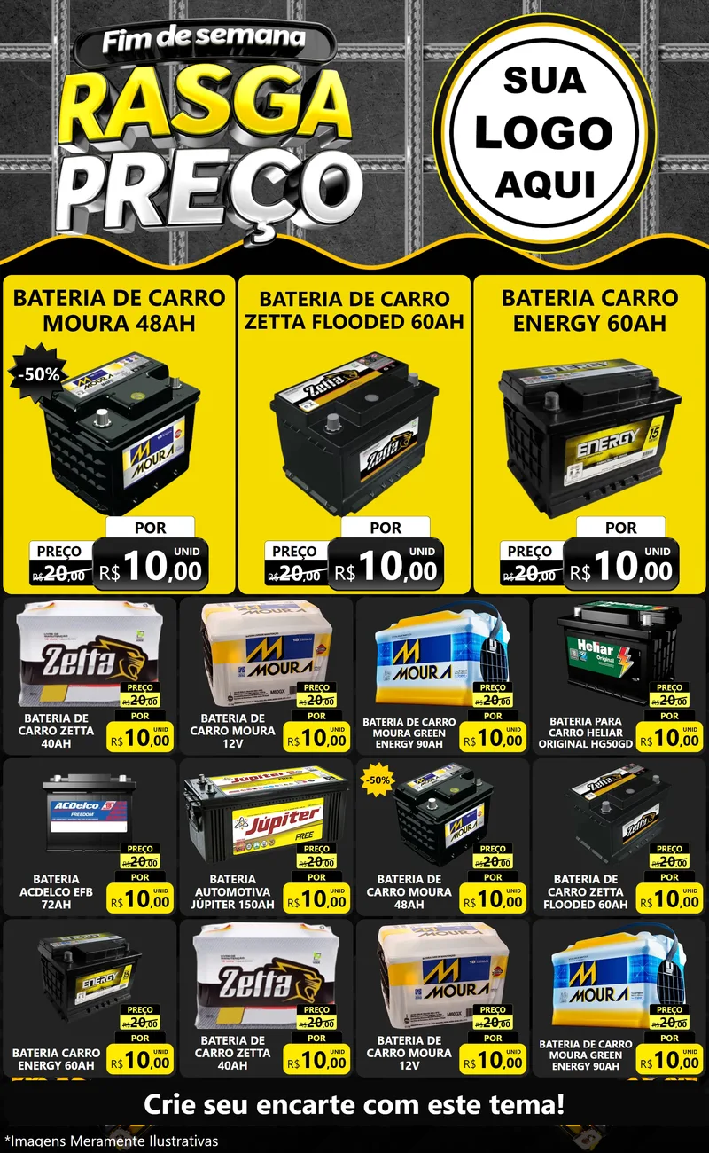 Modelo de Encarte para Encarte Grande com o tema Fim de Semana Rasga Preço para Baterias Elétricas