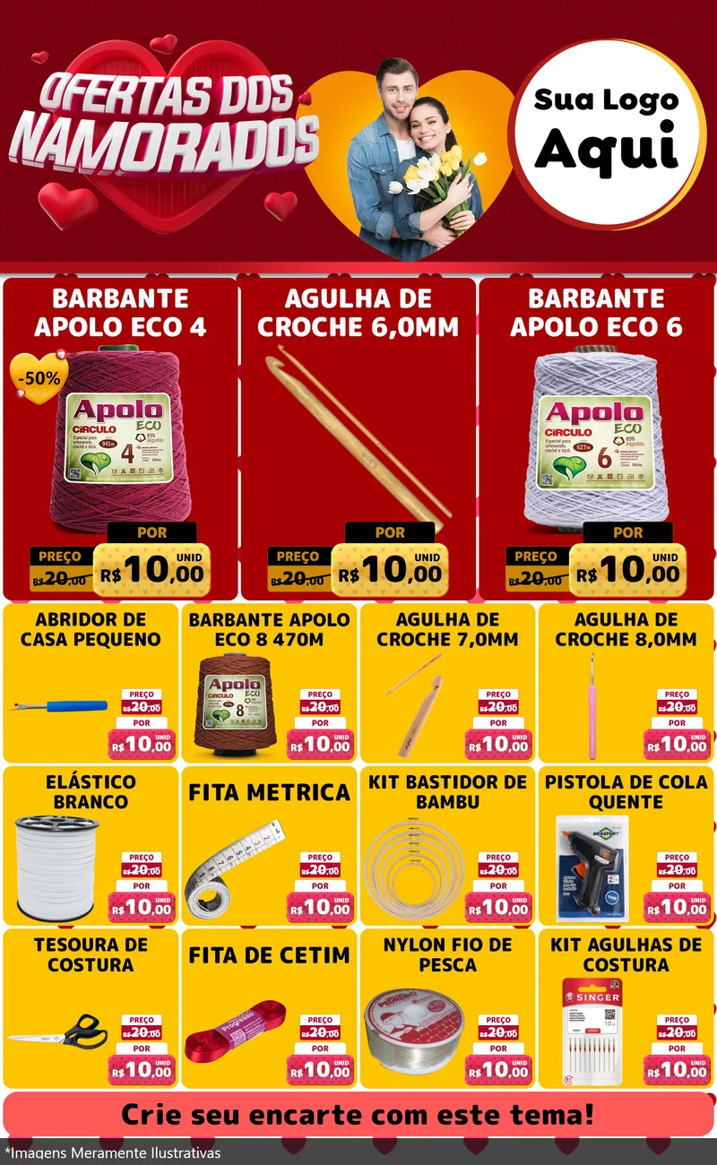 Modelo de Encarte para Encarte Grande com o tema Ofertas Dos Namorados para Armarinho e Aviamentos