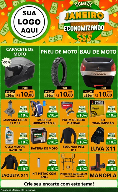 Modelo de Encarte para Encarte Grande com o tema Comece Janeiro Economizando para Moto peças