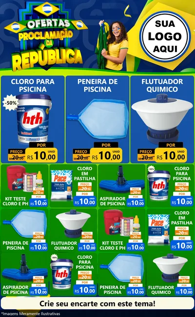 Modelo de Encarte para Encarte Grande com o tema Ofertas Proclamação da República para Produtos para Piscina