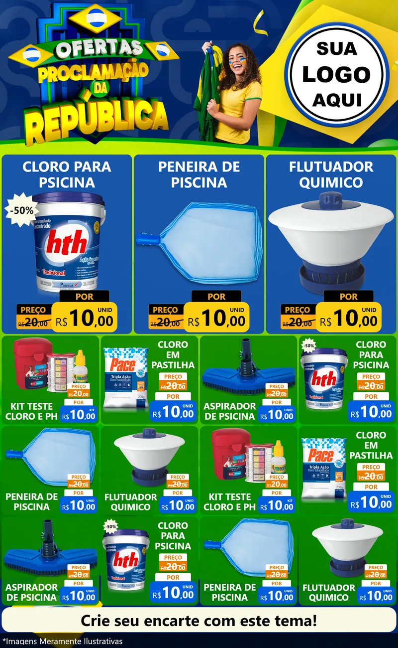 Modelo de Encarte para Encarte Grande com o tema Ofertas Proclamação da República para Produtos para Piscina