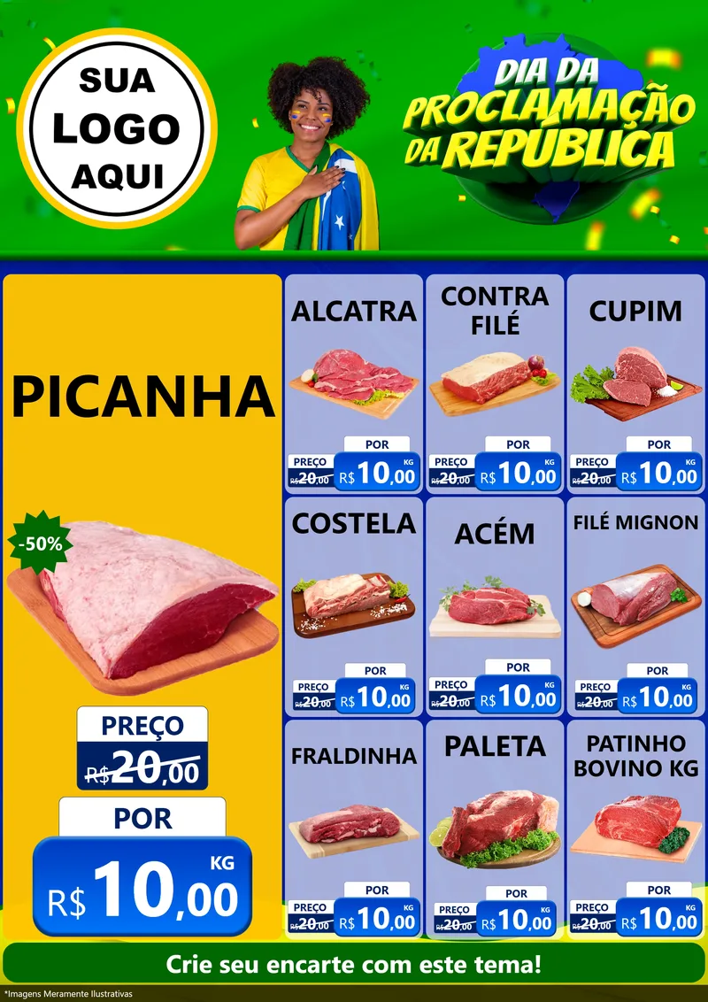 Modelo de Encarte para Encarte A4 Vertical com o tema Dia Da Proclamação Da República para Açougue
