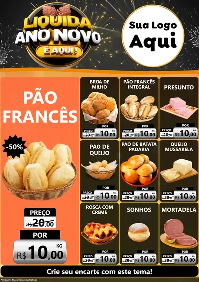 Modelo de Encarte para Encarte A4 Vertical com o tema Liquida Ano Novo É Aqui! para Padaria