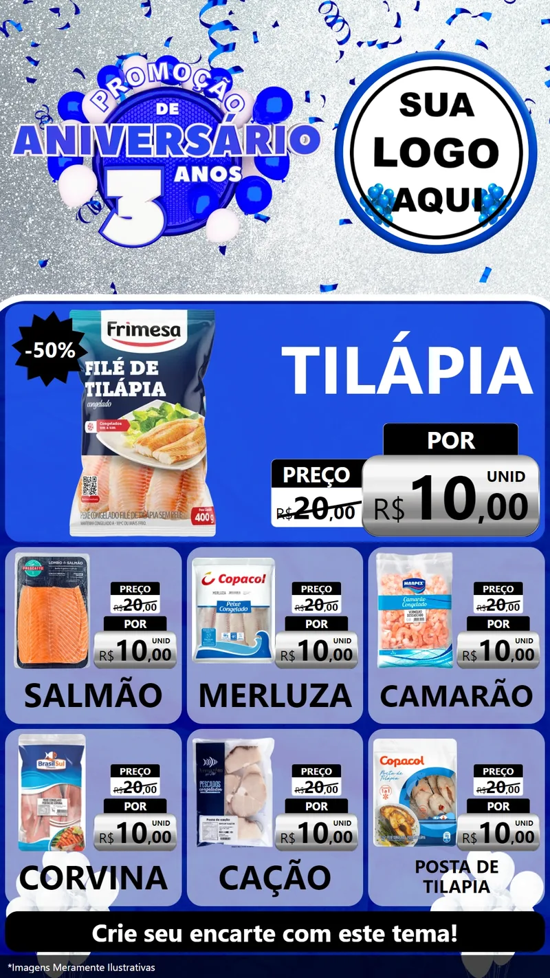 Modelo de Rede Social para Stories com o tema Promoção de Aniversário - 3 Anos para Peixaria