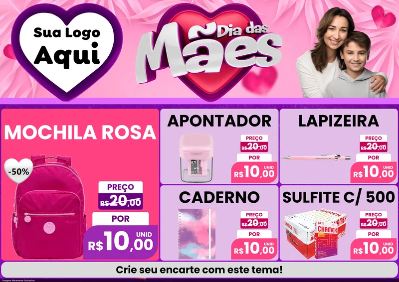 Modelo de Encarte para Encarte A4 Horizontal com o tema Dia das Mães para Papelaria