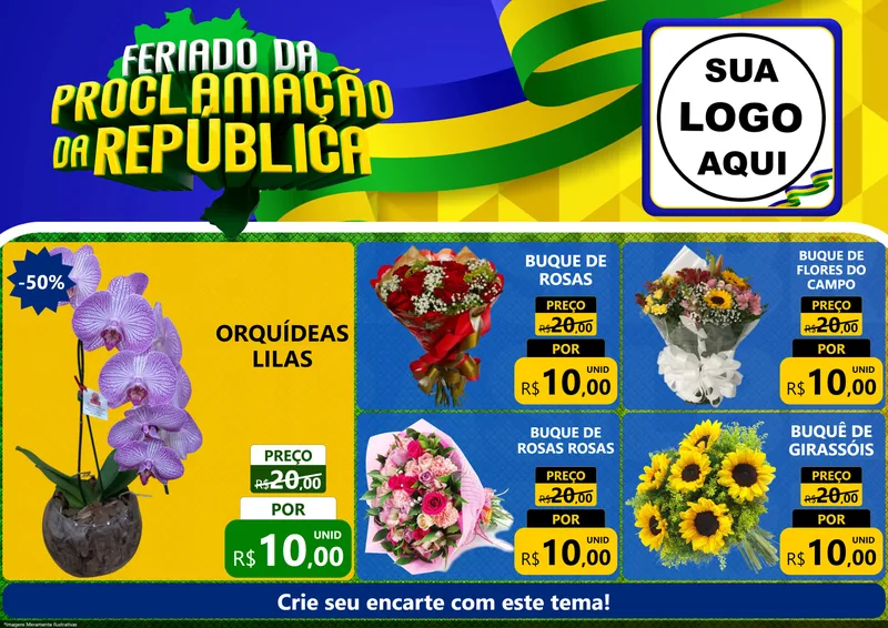 Modelo de Encarte para Encarte A4 Horizontal com o tema Feriado da Proclamação da República para Floricultura e jardim