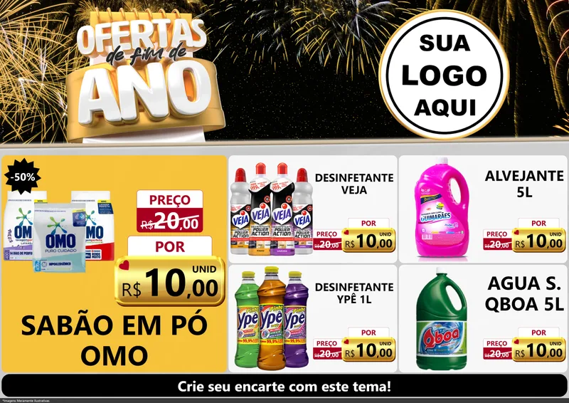 Modelo de Encarte para Encarte A4 Horizontal com o tema Ofertas de Fim de Ano para Produtos de Limpeza