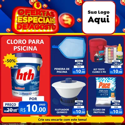Modelo de Rede Social para Feed Facebook com o tema Ofertas Especiais de Agosto para Produtos para Piscina