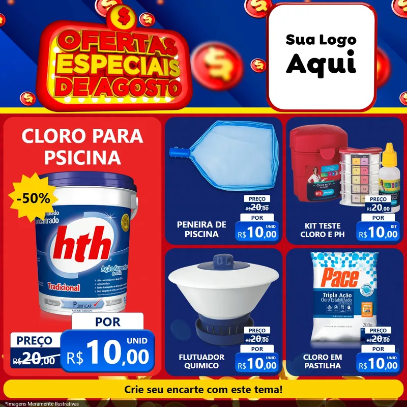 Modelo de Rede Social para Feed Facebook com o tema Ofertas Especiais de Agosto para Produtos para Piscina