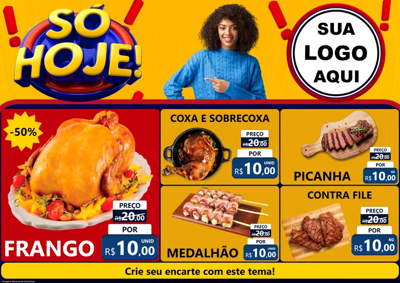 Modelo de Encarte para Encarte A4 Horizontal com o tema Só Hoje! para Assados