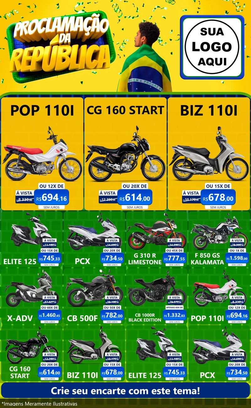 Modelo de Encarte para Encarte Grande com o tema Proclamação da República para Concessionaria de Motos