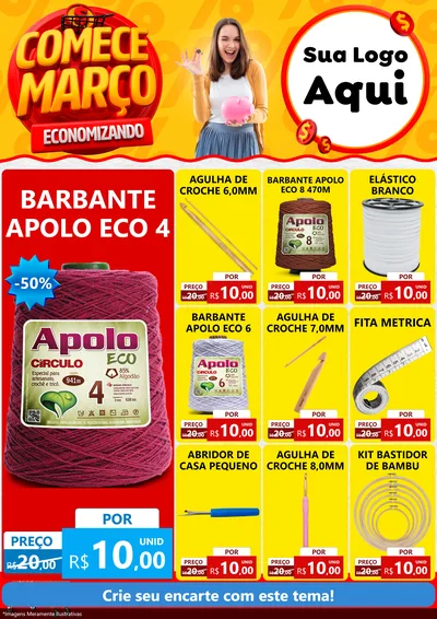 Modelo de Encarte para Encarte A4 Vertical com o tema Comece Março Economizando para Armarinho e Aviamentos
