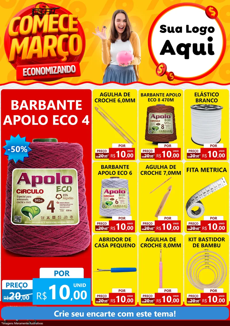 Modelo de Encarte para Encarte A4 Vertical com o tema Comece Março Economizando para Armarinho e Aviamentos
