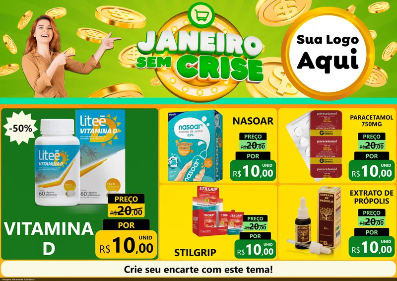 Modelo de Encarte para Encarte A4 Horizontal com o tema Janeiro Sem Crise para Farmácia