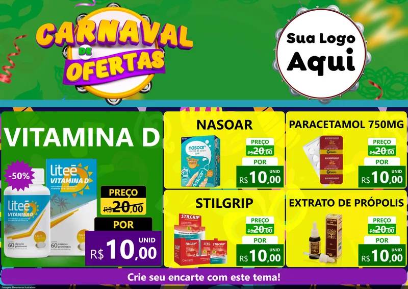 Modelo de Encarte para Encarte A4 Horizontal com o tema Carnaval de Ofertas para Farmácia