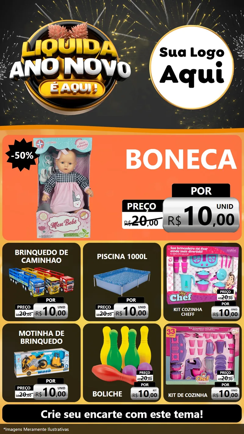 Modelo de Rede Social para Stories com o tema Liquida Ano Novo É Aqui! para Brinquedos
