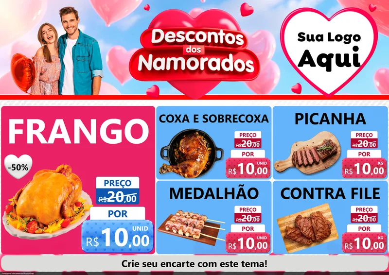 Modelo de Encarte para Encarte A4 Horizontal com o tema Descontos dos Namorados para Assados