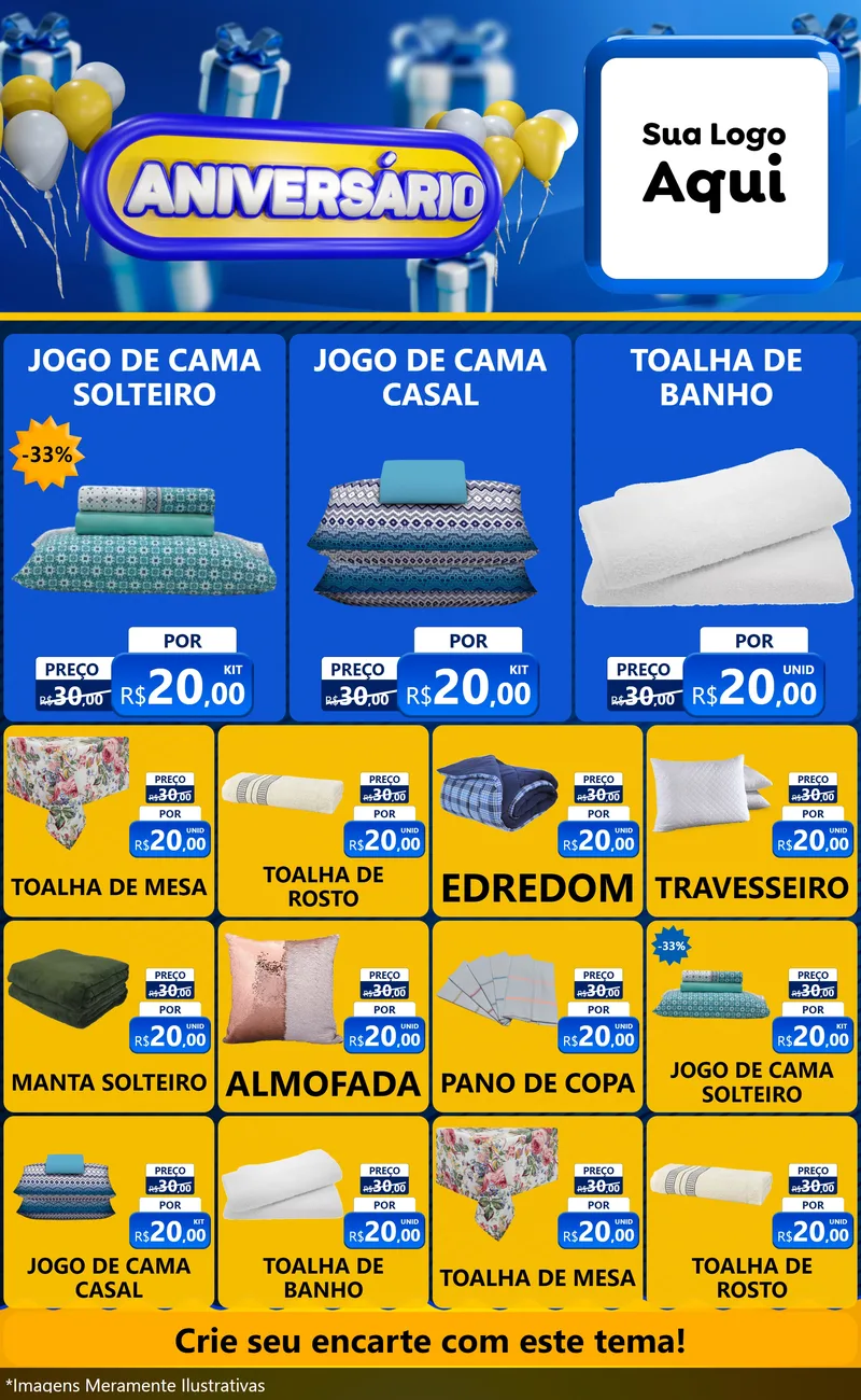 Modelo de Encarte para Encarte Grande com o tema Aniversário para Cama, Mesa e Banho