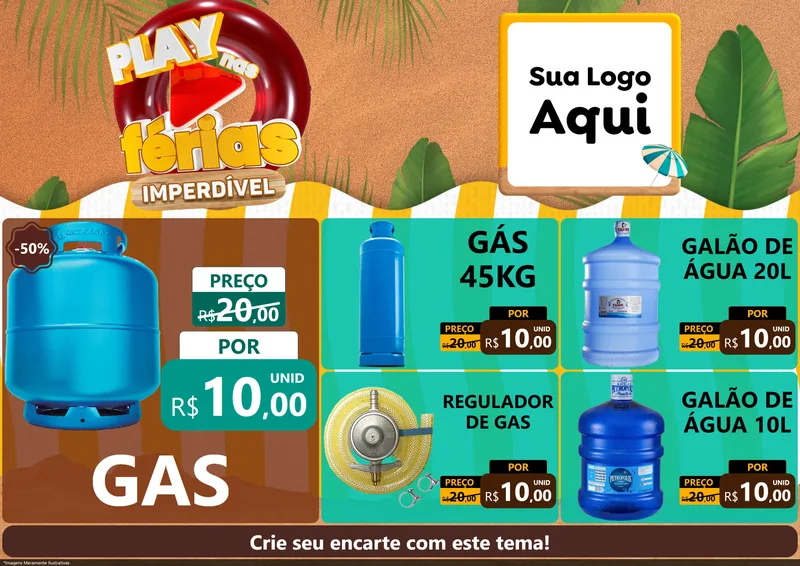 Modelo de Encarte para Encarte A4 Horizontal com o tema Play Nas Férias Imperdível para Água e gás