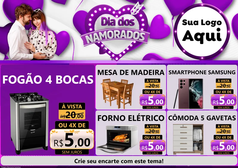 Modelo de Encarte para Encarte A4 Horizontal com o tema Dia dos Namorados para Móveis e Eletro