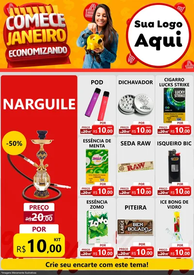 Modelo de Encarte para Encarte A4 Vertical com o tema Comece Janeiro Economizando para Tabacaria