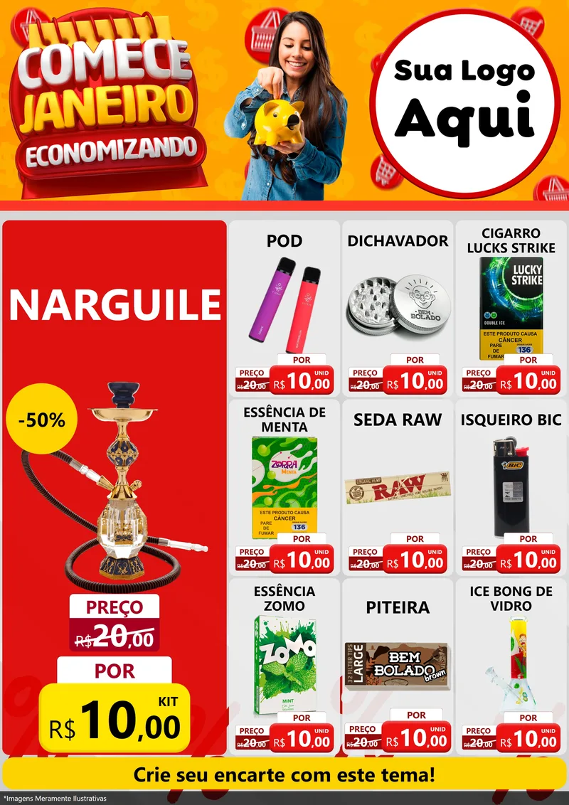 Modelo de Encarte para Encarte A4 Vertical com o tema Comece Janeiro Economizando para Tabacaria