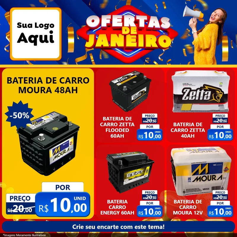 Modelo de Rede Social para Feed Facebook com o tema Ofertas de Janeiro para Baterias Elétricas